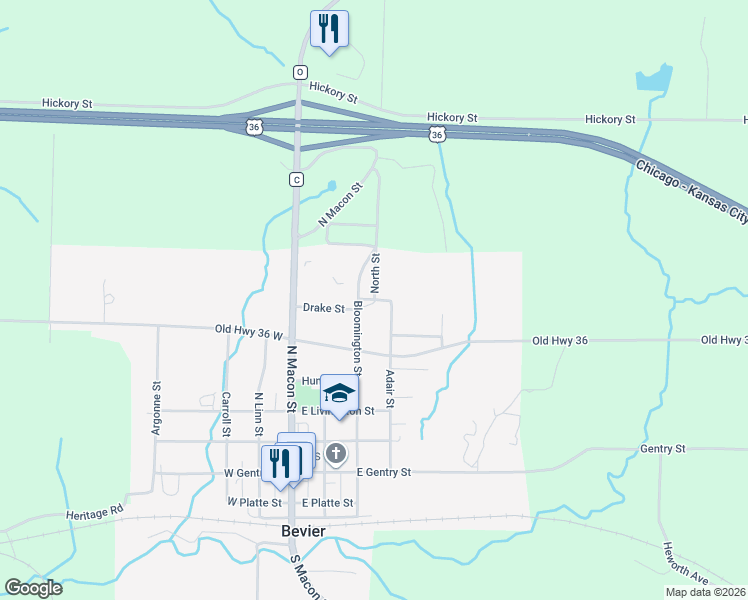 map of restaurants, bars, coffee shops, grocery stores, and more near 349 Short Street in Bevier