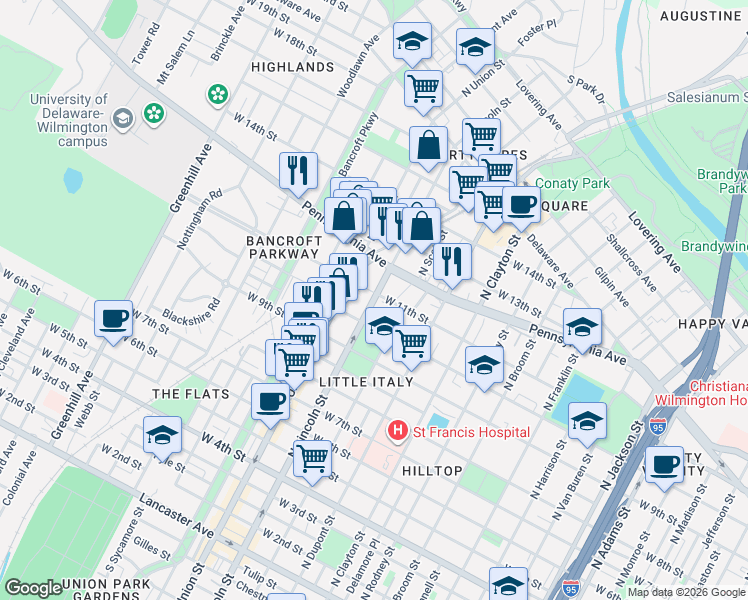map of restaurants, bars, coffee shops, grocery stores, and more near 1033 N Lincoln St in Wilmington