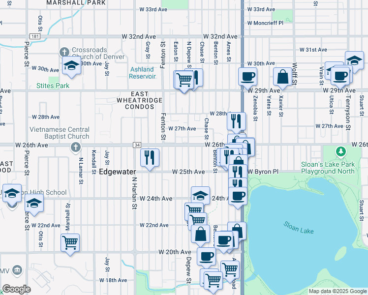 map of restaurants, bars, coffee shops, grocery stores, and more near 5630 West 26th Avenue in Edgewater