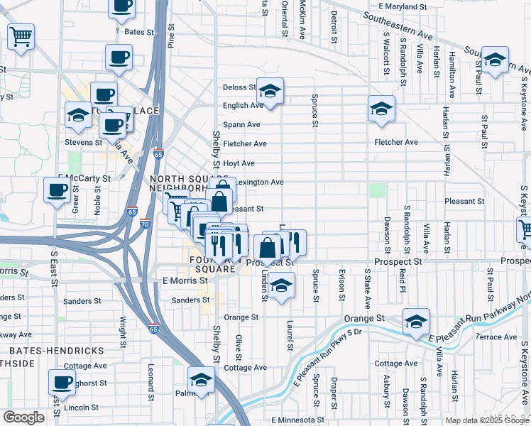 map of restaurants, bars, coffee shops, grocery stores, and more near 1229 Pleasant Street in Indianapolis