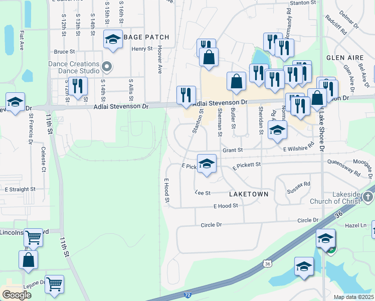 map of restaurants, bars, coffee shops, grocery stores, and more near 3400 Stanton Street in Springfield