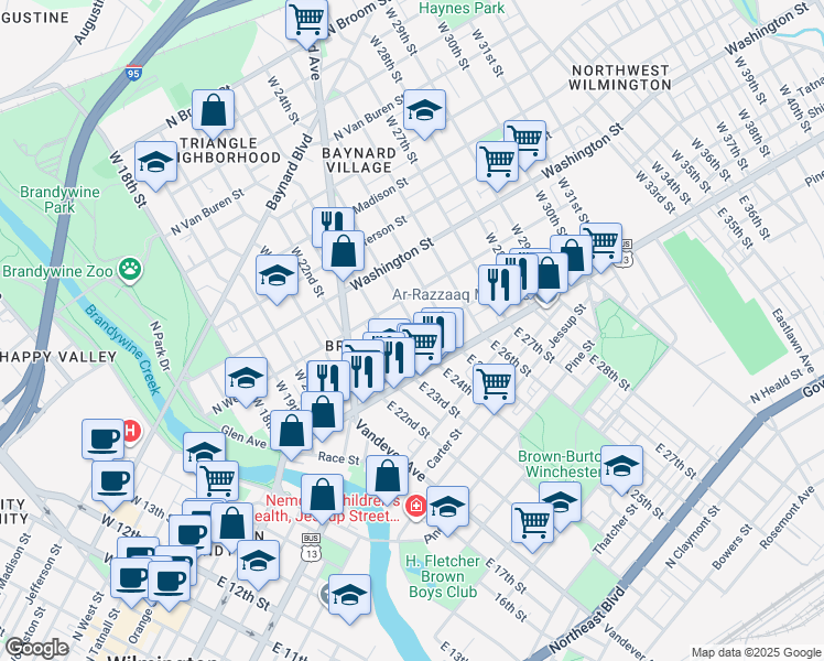 map of restaurants, bars, coffee shops, grocery stores, and more near 2325 Tatnall Street in Wilmington