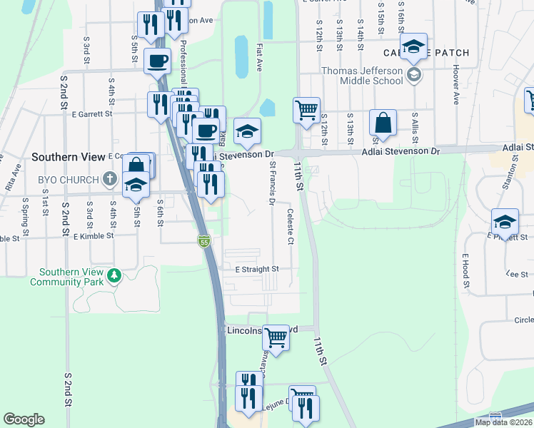 map of restaurants, bars, coffee shops, grocery stores, and more near 3313 Saint Francis Drive in Springfield