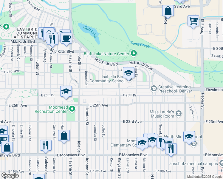 map of restaurants, bars, coffee shops, grocery stores, and more near 2597 Kingston Street in Aurora