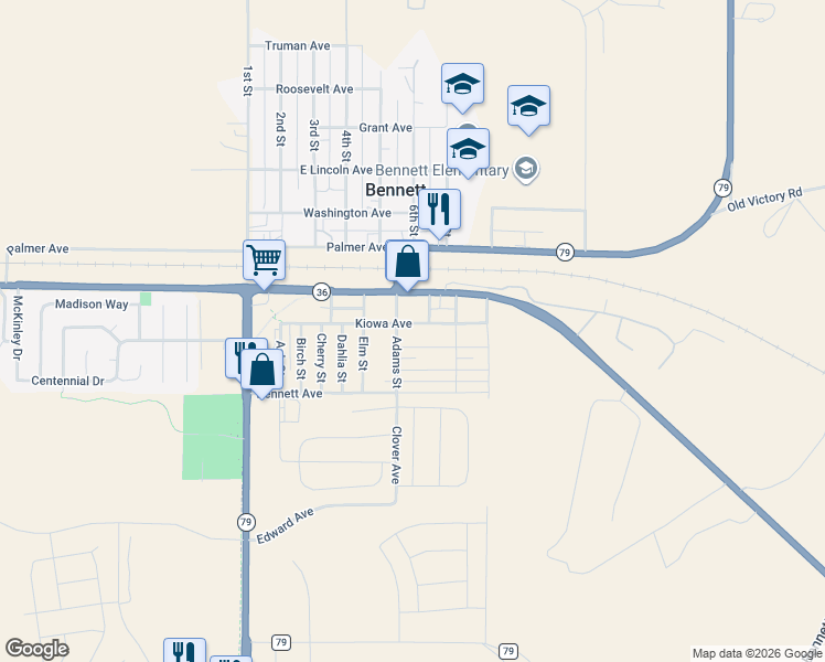 map of restaurants, bars, coffee shops, grocery stores, and more near 555 Kiowa Street in Bennett