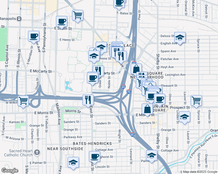 map of restaurants, bars, coffee shops, grocery stores, and more near 919 Noble Street in Indianapolis