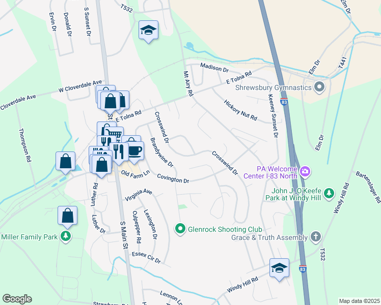 map of restaurants, bars, coffee shops, grocery stores, and more near 33 Crosswind Drive in Shrewsbury