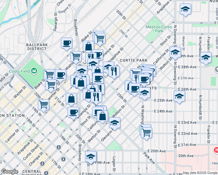 map of restaurants, bars, coffee shops, grocery stores, and more near in Denver