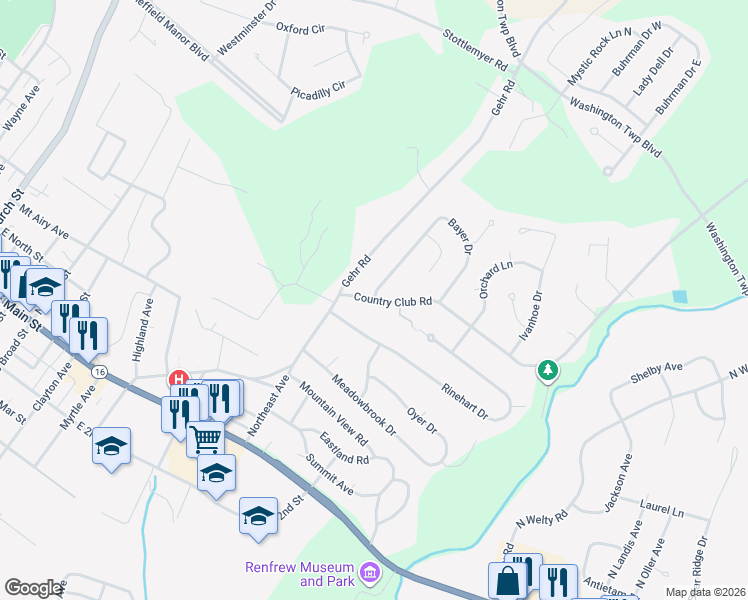 map of restaurants, bars, coffee shops, grocery stores, and more near Country Club Road in Waynesboro