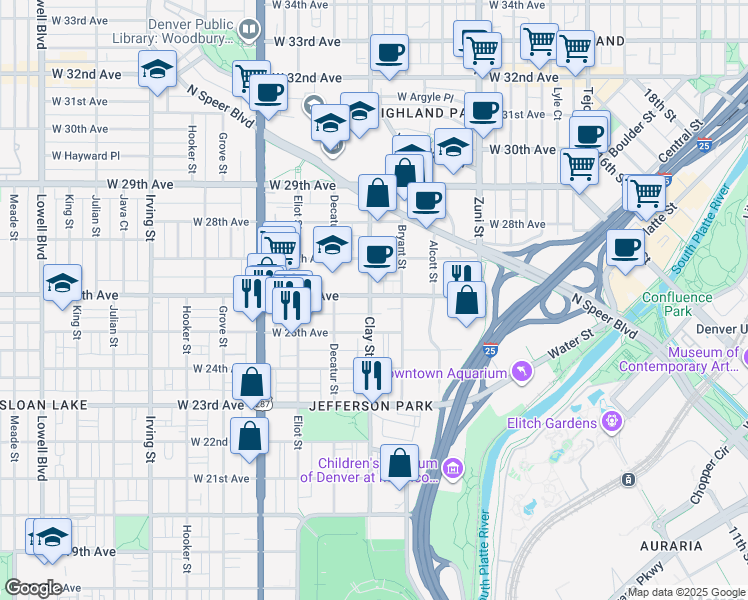 map of restaurants, bars, coffee shops, grocery stores, and more near 2586 Clay Street in Denver
