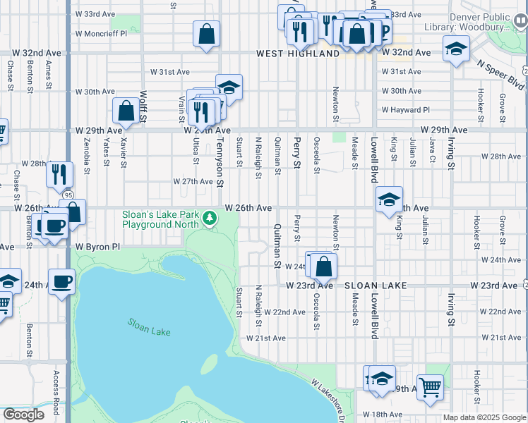 map of restaurants, bars, coffee shops, grocery stores, and more near 2531 Raleigh Street in Denver