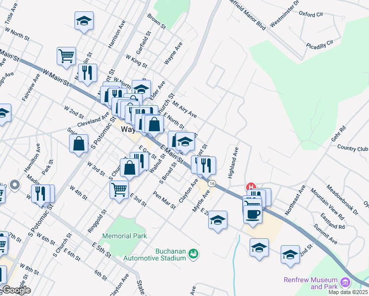 map of restaurants, bars, coffee shops, grocery stores, and more near 25 North Broad Street in Waynesboro
