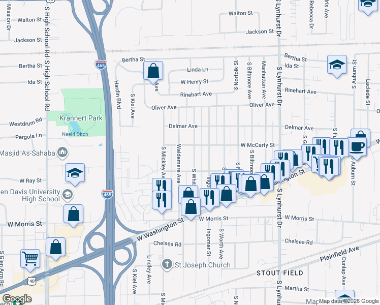 map of restaurants, bars, coffee shops, grocery stores, and more near 816 South Whitcomb Avenue in Indianapolis