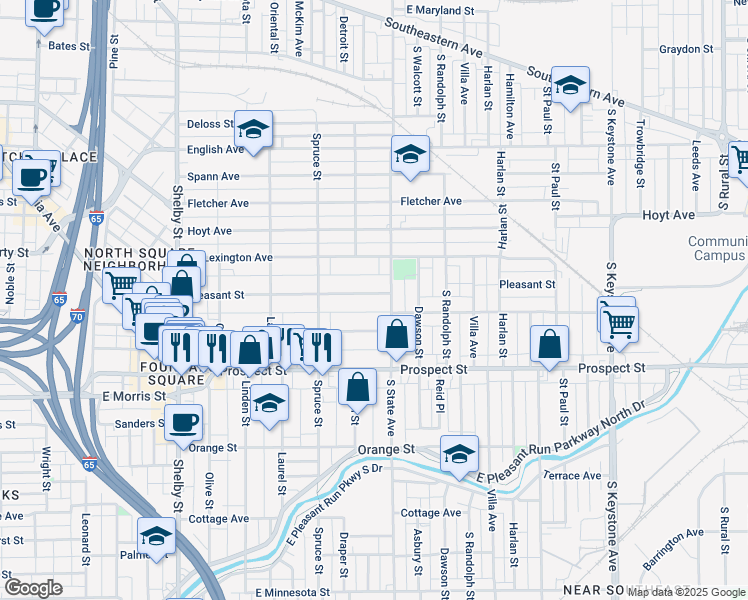 map of restaurants, bars, coffee shops, grocery stores, and more near 1623 Pleasant Street in Indianapolis