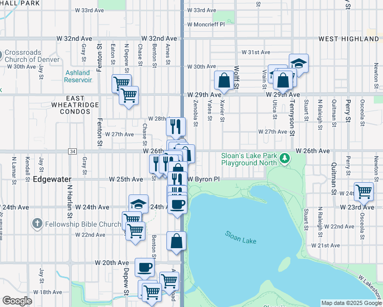 map of restaurants, bars, coffee shops, grocery stores, and more near 2525 Zenobia Street in Denver