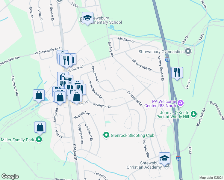 map of restaurants, bars, coffee shops, grocery stores, and more near 33 Crosswind Drive in Shrewsbury