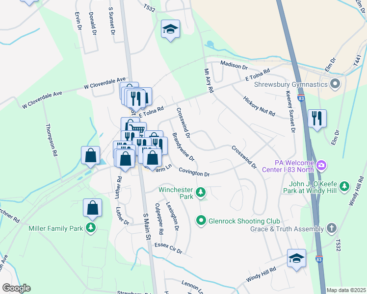 map of restaurants, bars, coffee shops, grocery stores, and more near 19 Brandywine Drive in Shrewsbury