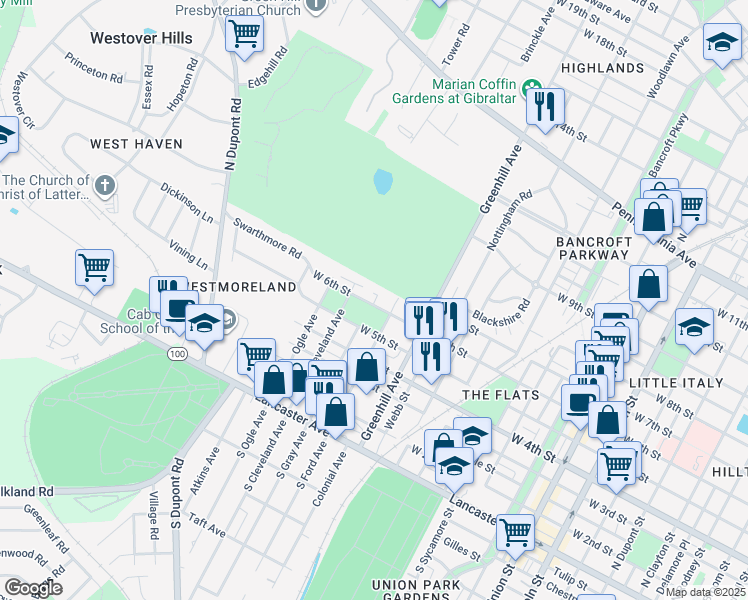 map of restaurants, bars, coffee shops, grocery stores, and more near 2801 West 6th Street in Wilmington