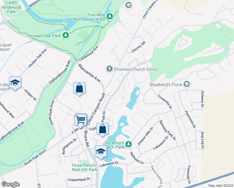 map of restaurants, bars, coffee shops, grocery stores, and more near 2932 Pennyroyal Drive in Chico