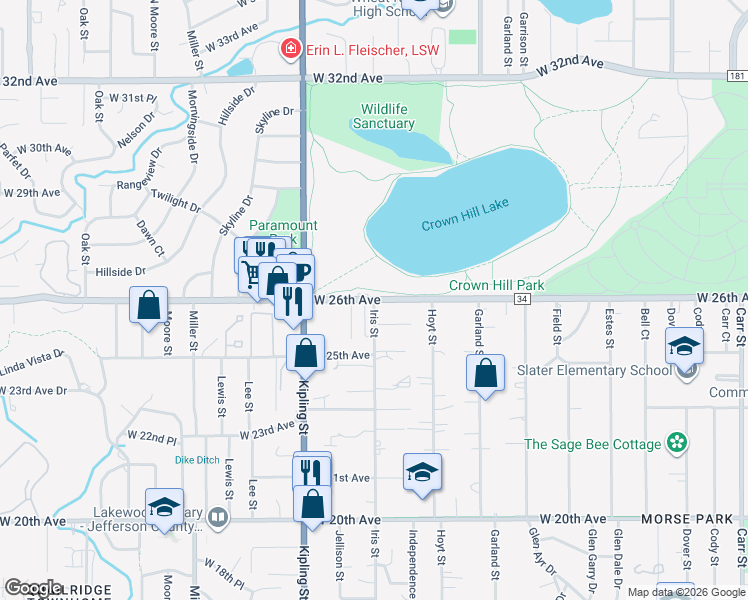 map of restaurants, bars, coffee shops, grocery stores, and more near 2561-2599 Iris Street in Lakewood