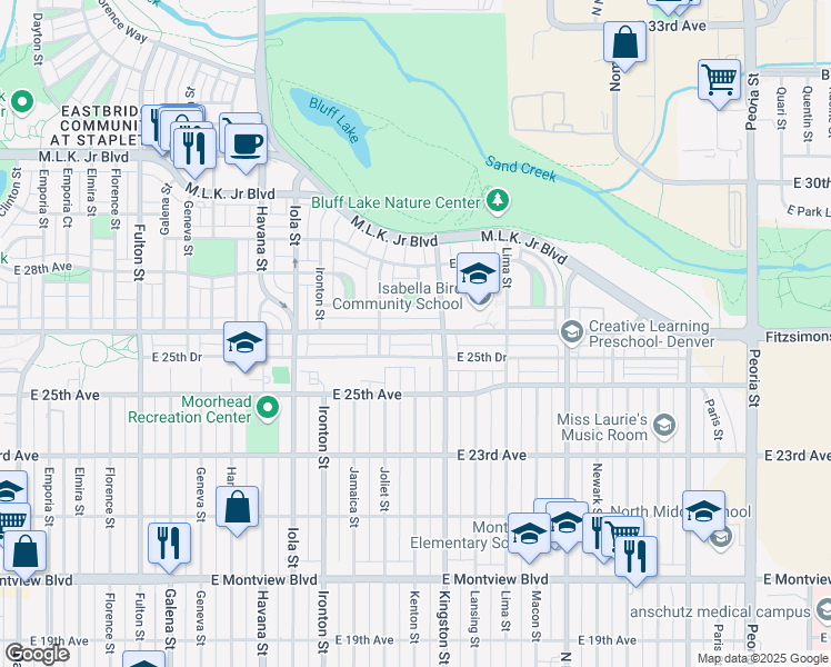map of restaurants, bars, coffee shops, grocery stores, and more near 10930 East 26th Avenue in Aurora