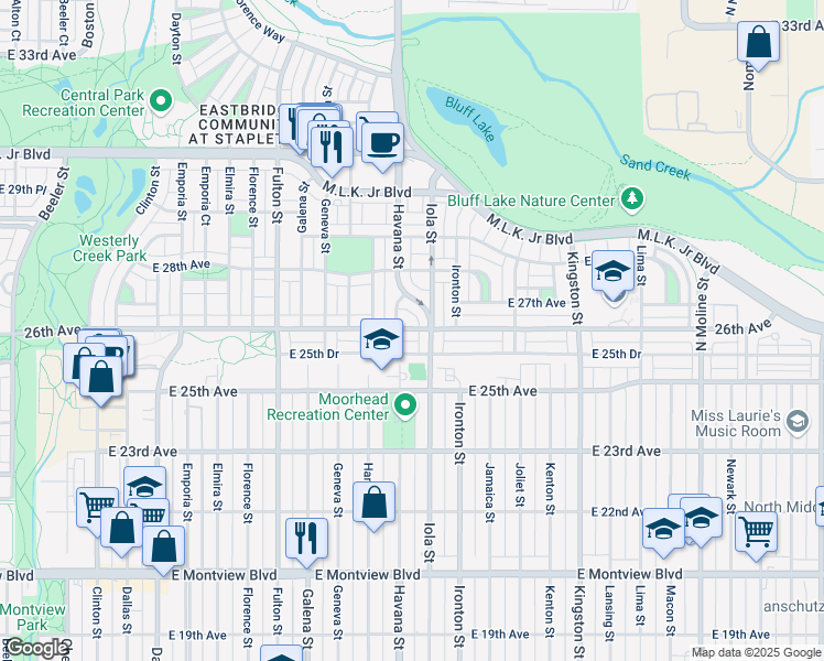 map of restaurants, bars, coffee shops, grocery stores, and more near 10590 East 26th Avenue in Aurora