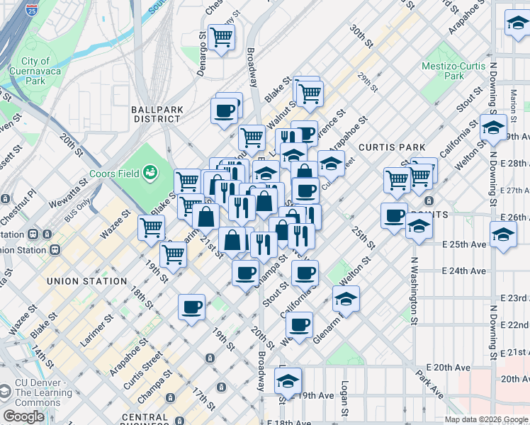map of restaurants, bars, coffee shops, grocery stores, and more near 2318 Arapahoe Street in Denver