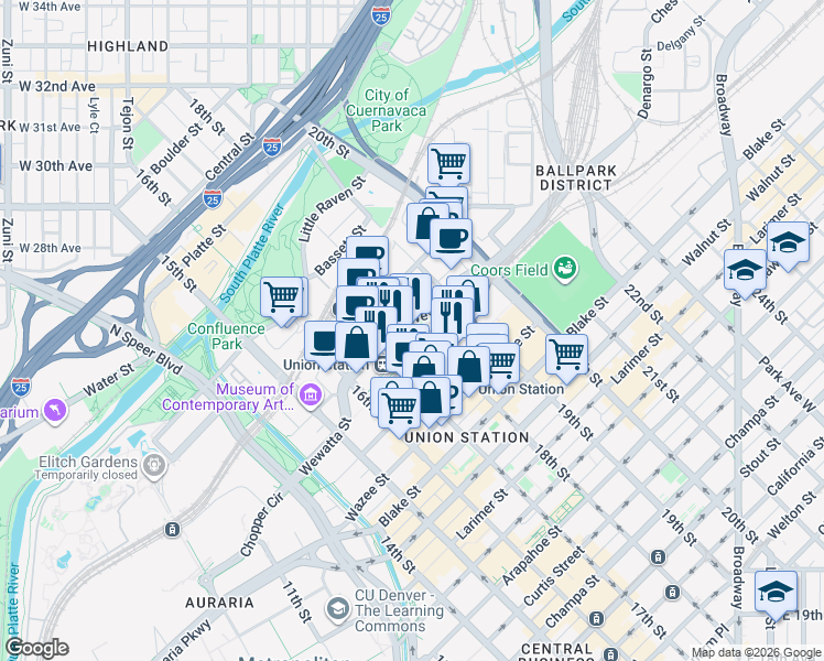 map of restaurants, bars, coffee shops, grocery stores, and more near in Denver