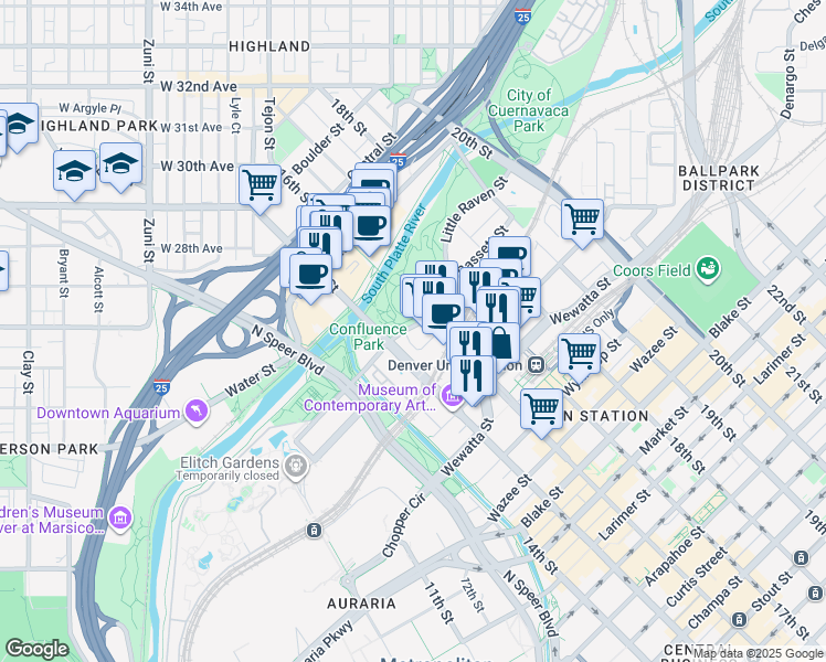 map of restaurants, bars, coffee shops, grocery stores, and more near 1500 Little Raven Street in Denver