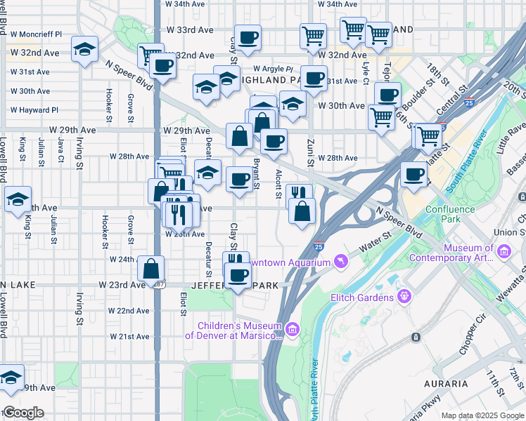 map of restaurants, bars, coffee shops, grocery stores, and more near 2620 West 26th Avenue in Denver