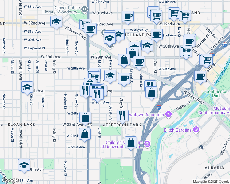map of restaurants, bars, coffee shops, grocery stores, and more near 2714 West 26th Avenue in Denver
