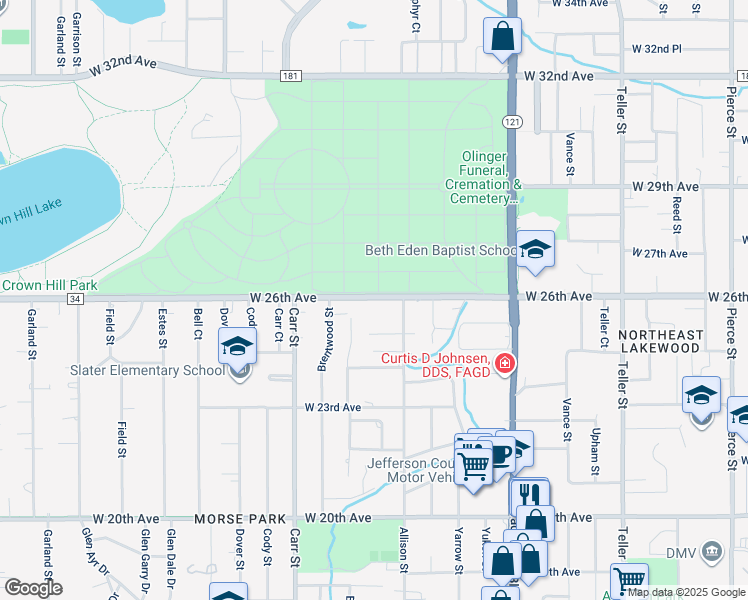 map of restaurants, bars, coffee shops, grocery stores, and more near 2595 Allison Street in Lakewood