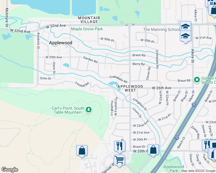 map of restaurants, bars, coffee shops, grocery stores, and more near 14360 Foothill Road in Golden