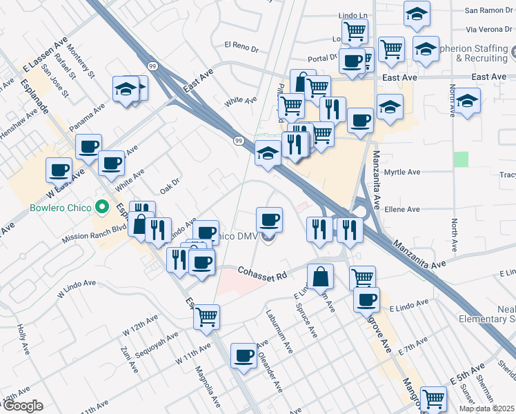 map of restaurants, bars, coffee shops, grocery stores, and more near 120 Parmac Road in Chico