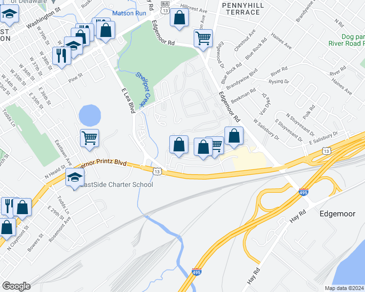 map of restaurants, bars, coffee shops, grocery stores, and more near 23 Paladin Drive in Wilmington