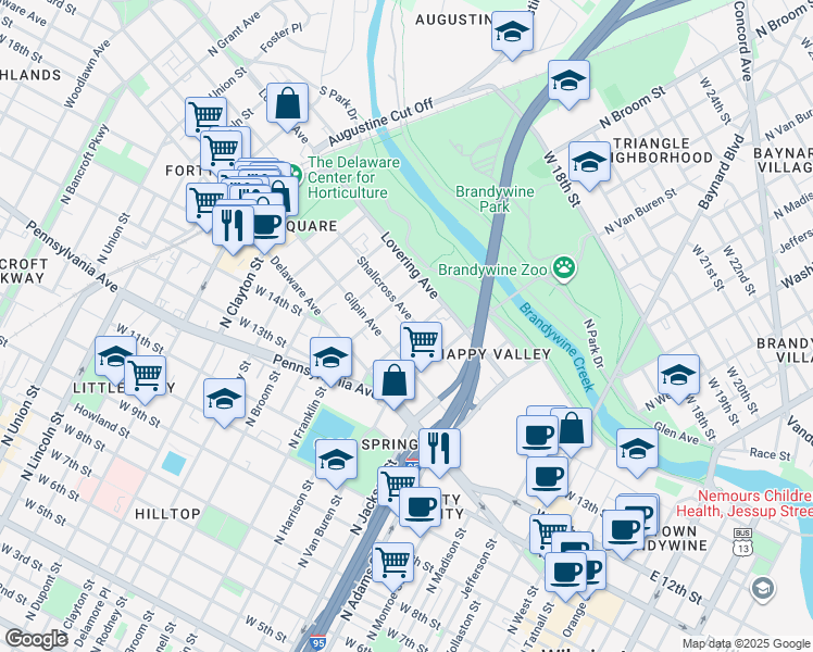 map of restaurants, bars, coffee shops, grocery stores, and more near 1203 Gilpin Avenue in Wilmington