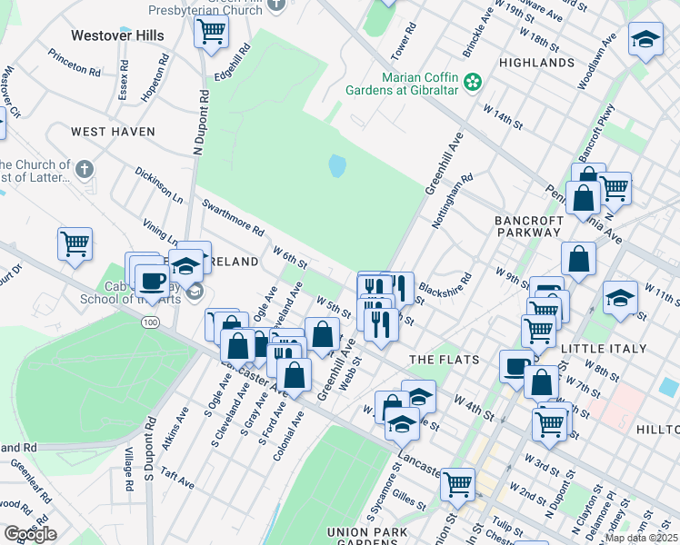 map of restaurants, bars, coffee shops, grocery stores, and more near 2801 West 6th Street in Wilmington