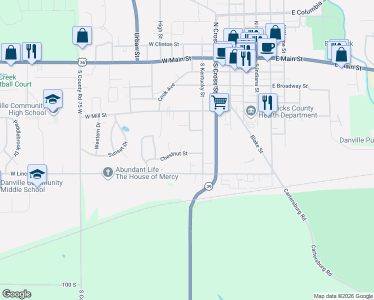 map of restaurants, bars, coffee shops, grocery stores, and more near 374 Chestnut Street in Danville