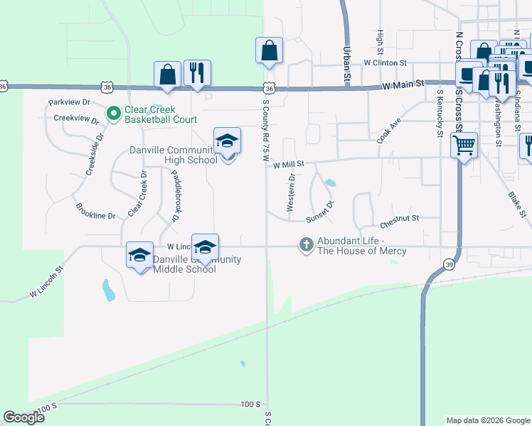 map of restaurants, bars, coffee shops, grocery stores, and more near 980 Sunset Drive in Danville