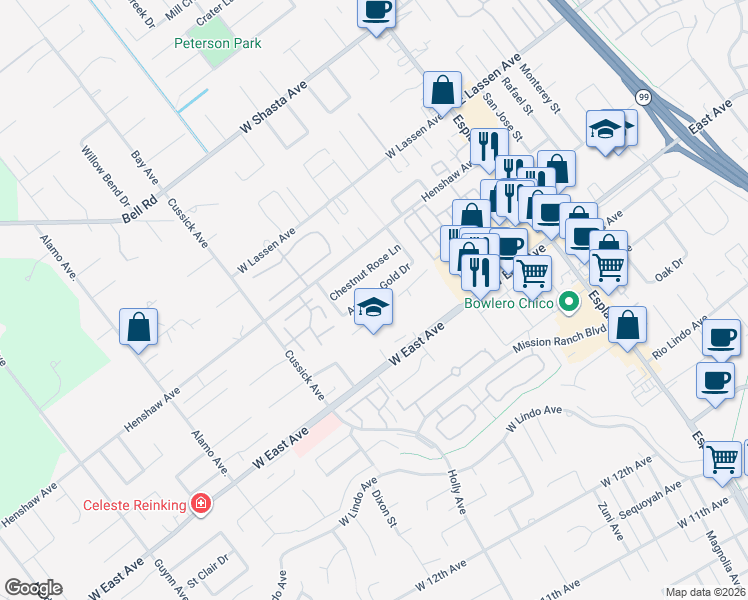 map of restaurants, bars, coffee shops, grocery stores, and more near 371 Autumn Gold Drive in Chico