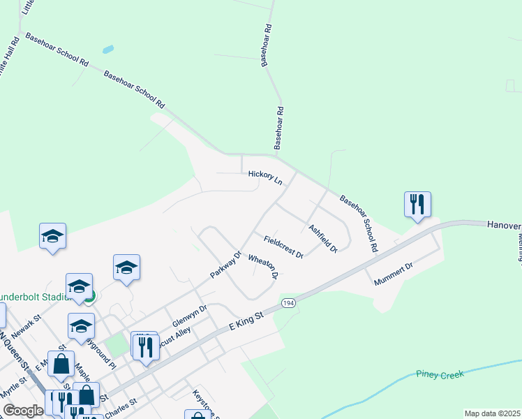 map of restaurants, bars, coffee shops, grocery stores, and more near 716 Parkway Drive in Littlestown