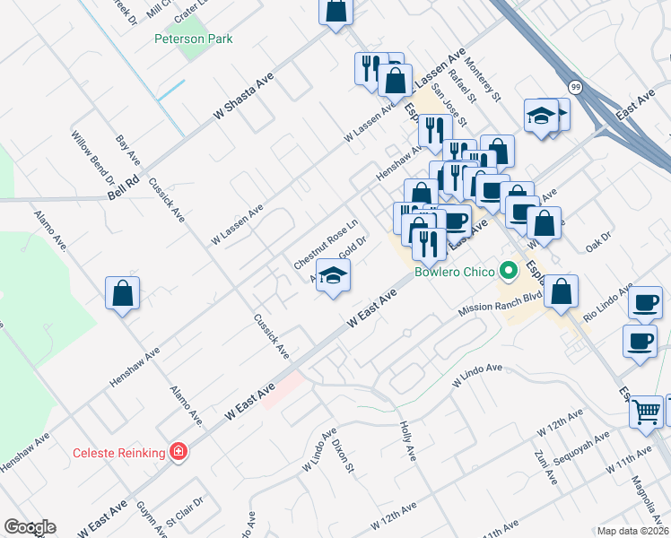 map of restaurants, bars, coffee shops, grocery stores, and more near 371 Autumn Gold Drive in Chico
