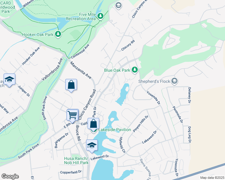 map of restaurants, bars, coffee shops, grocery stores, and more near 2910 Pennyroyal Drive in Chico