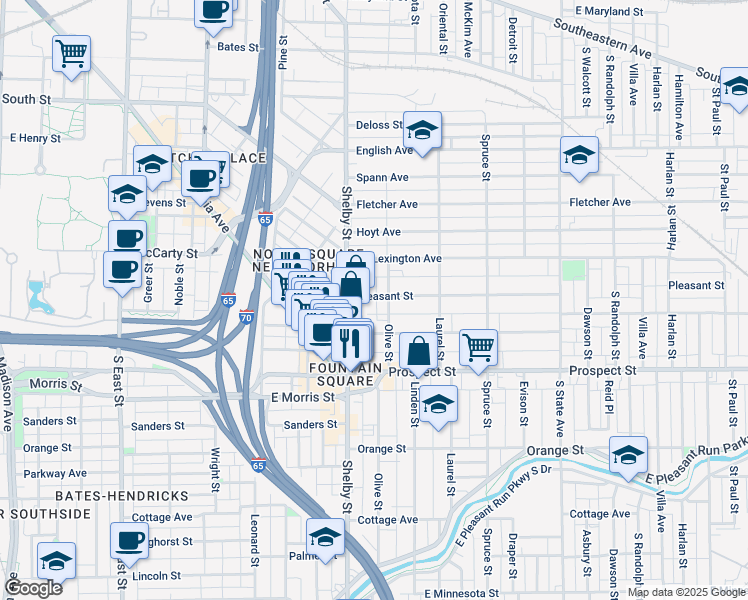 map of restaurants, bars, coffee shops, grocery stores, and more near 1129 Pleasant Street in Indianapolis