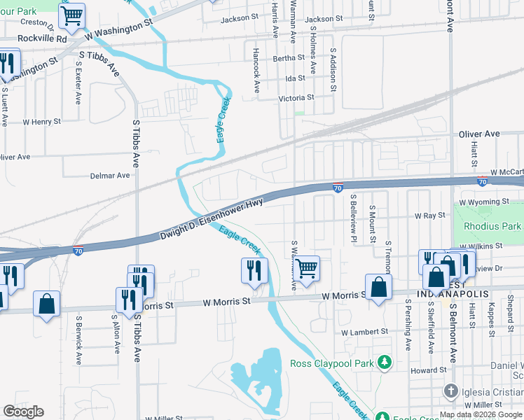 map of restaurants, bars, coffee shops, grocery stores, and more near 2845 West Wyoming Street in Indianapolis