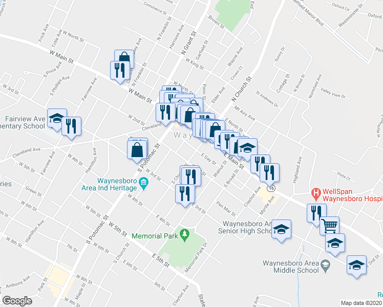 map of restaurants, bars, coffee shops, grocery stores, and more near 34 South Church Street in Waynesboro