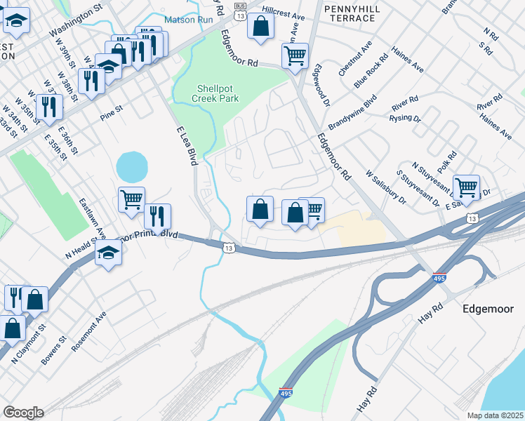 map of restaurants, bars, coffee shops, grocery stores, and more near 77 Paladin Drive in Wilmington