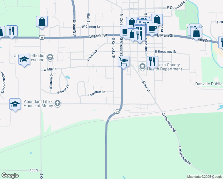 map of restaurants, bars, coffee shops, grocery stores, and more near 304 Chestnut Street in Danville