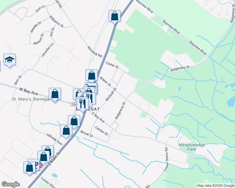 map of restaurants, bars, coffee shops, grocery stores, and more near 28 Water Street in Barnegat Township
