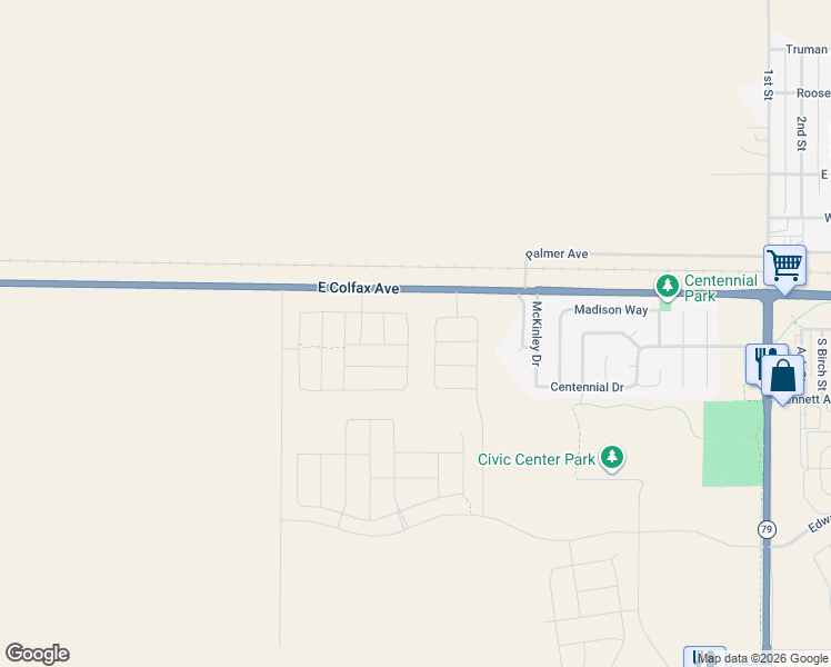map of restaurants, bars, coffee shops, grocery stores, and more near 45900 Colorado 36 in Bennett